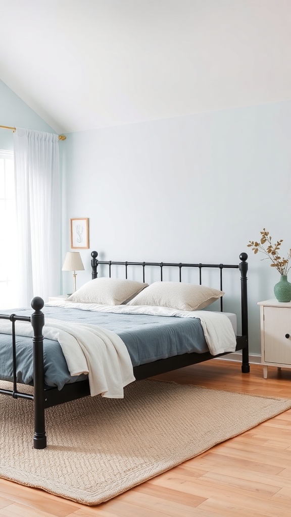 A cozy bedroom featuring a black bed frame, light blue walls, and natural decor elements.