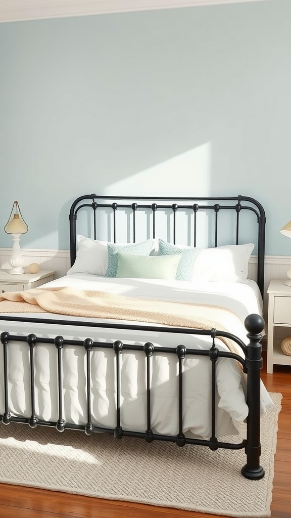 A cozy bedroom featuring a black bedframe, light blue walls, and soft linens, creating a calm coastal vibe.
