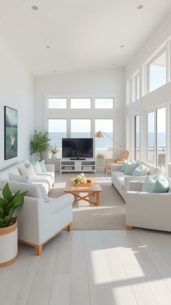 Bright and airy coastal living room with white furniture and ocean view