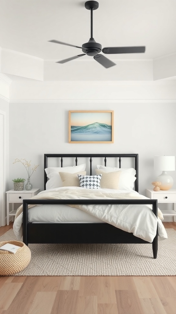A coastal inspired black bedroom featuring a black bed frame, light bedding, a ceiling fan, and coastal artwork.