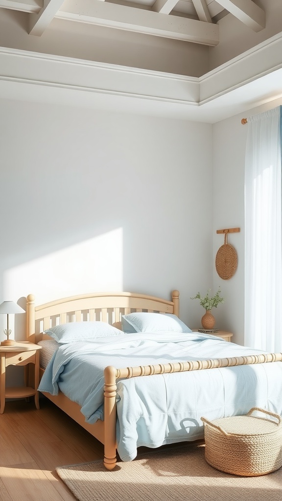 A serene bedroom featuring a beige bedframe, light blue bedding, and natural elements creating a coastal inspired atmosphere.