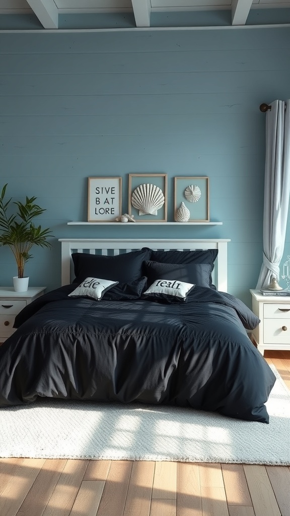 Coastal inspired bedroom with black comforter and blue walls