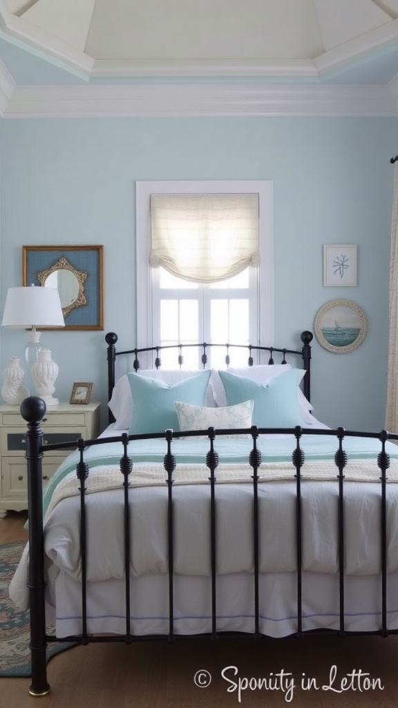 A cozy bedroom featuring a black iron bed frame, light blue walls, and soft aqua bedding.