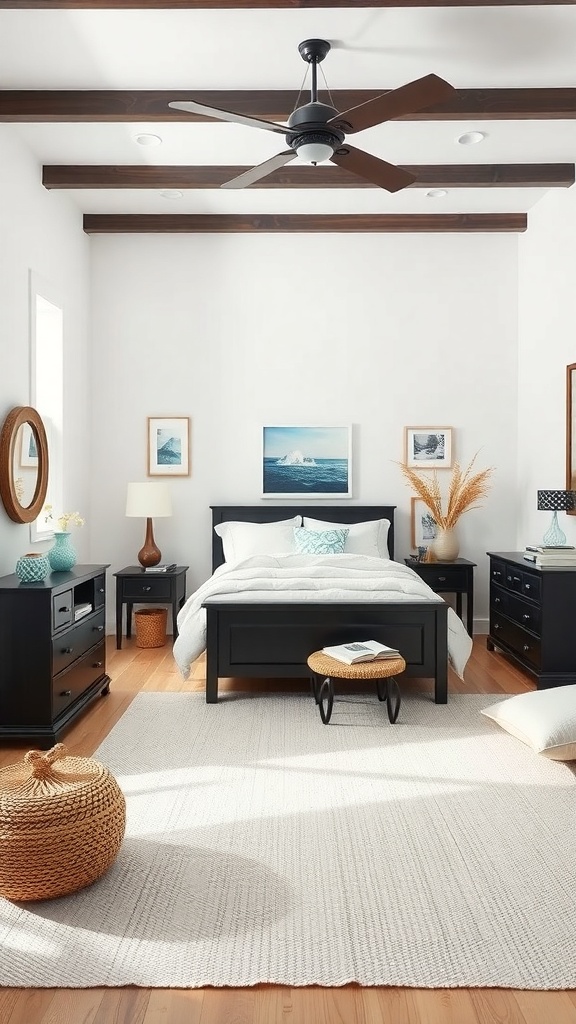 A bright bedroom featuring black furniture, wooden beams, and coastal decor.