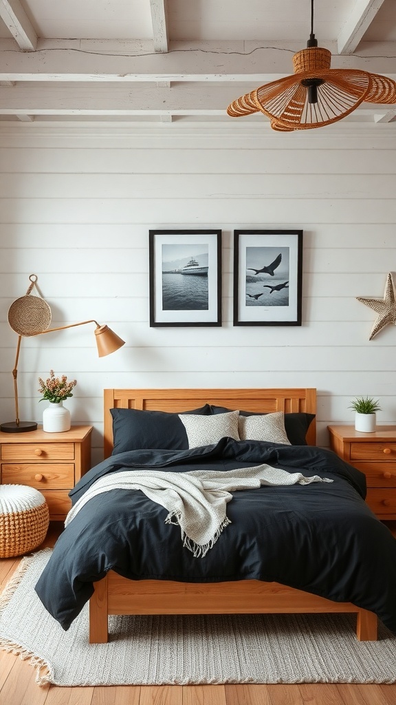 A cozy bedroom featuring black sheets, light wood furniture, and coastal decor.