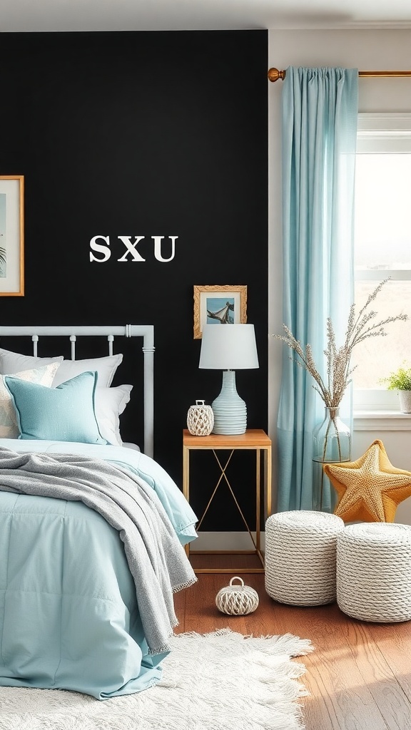 A cozy bedroom featuring a black accent wall, light blue bedding, and coastal decor.