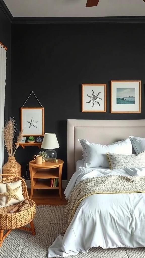 A cozy bedroom featuring a black wall, light bedding, and coastal decor.