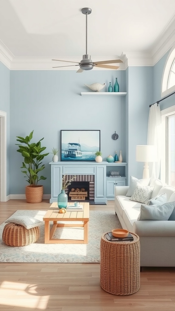 A light blue living room with nautical decor, featuring a comfortable sofa, wooden coffee table, and coastal artwork.