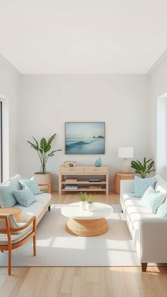 Coastal living room with light colors, plants, and ocean-themed decor