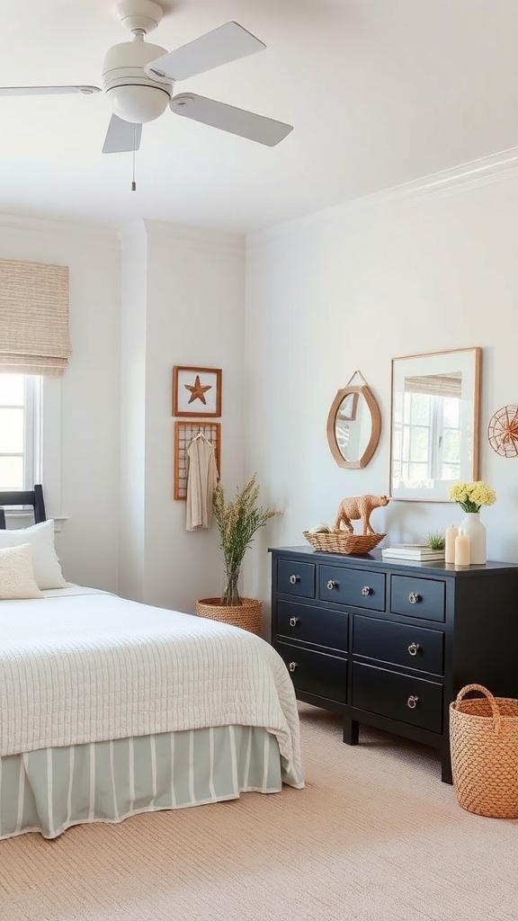 A cozy bedroom featuring a black dresser, light bedding, and coastal decor elements.
