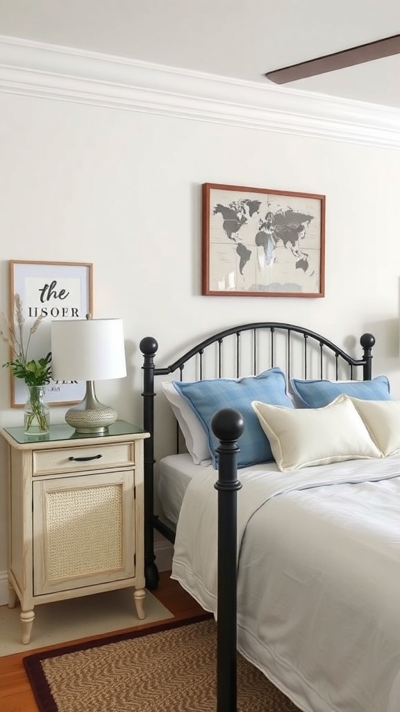 A cozy bedroom featuring a black headboard, soft blue pillows, and a natural bedside table.