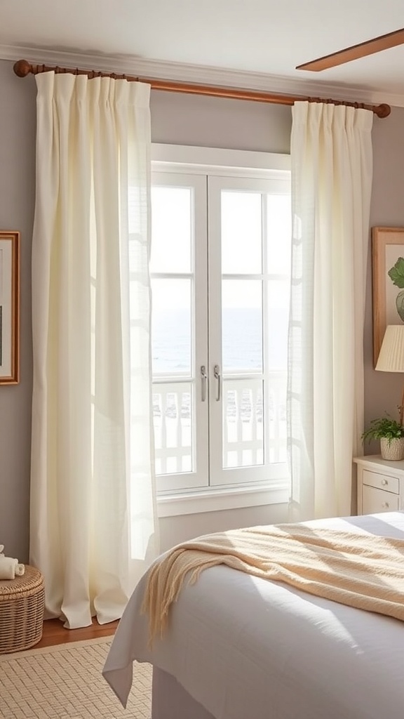 A bright bedroom with sheer white curtains, a neatly made bed, and a view of the ocean.