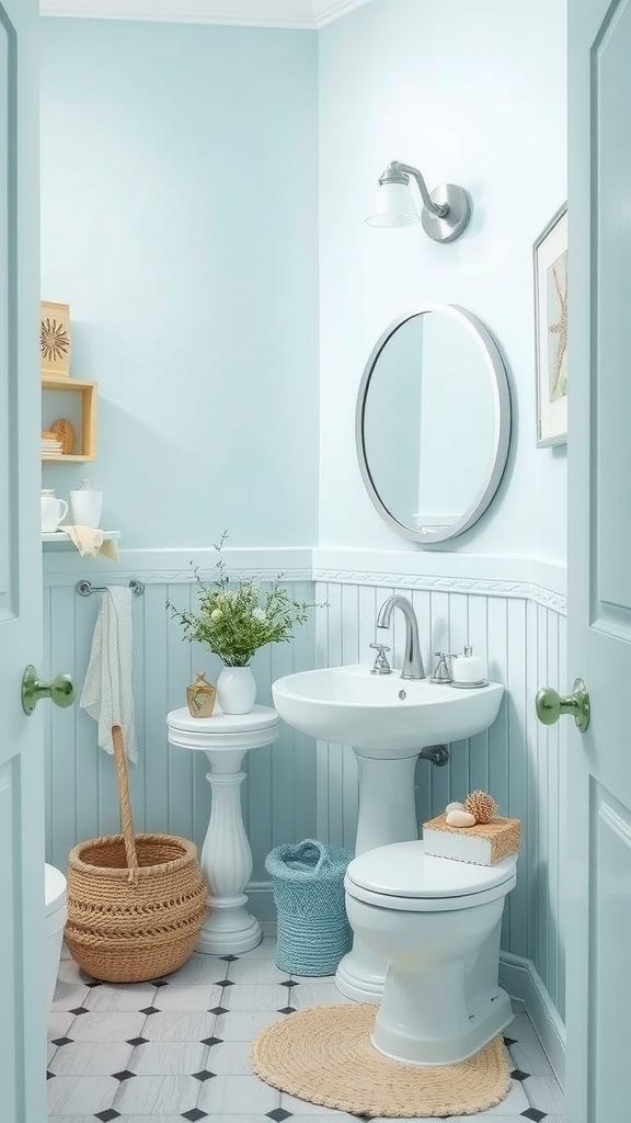 A serene bathroom with soft blue walls, modern fixtures, and coastal decor elements.