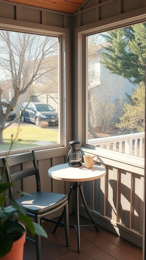 A cozy coffee corner in a screened-in porch, featuring a small table, a chair, a coffee maker, and a cup of coffee with greenery around.