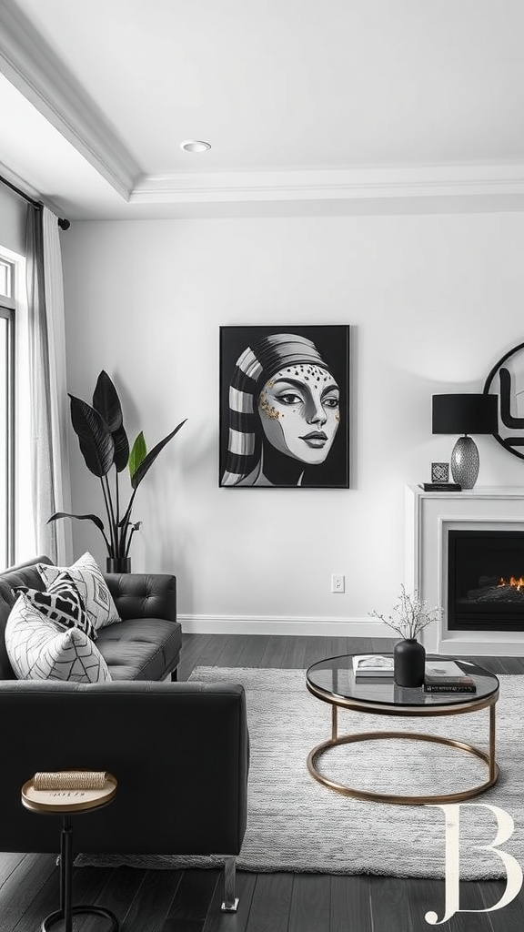 A stylish black and white living room featuring art, a sofa, and decorative accents.