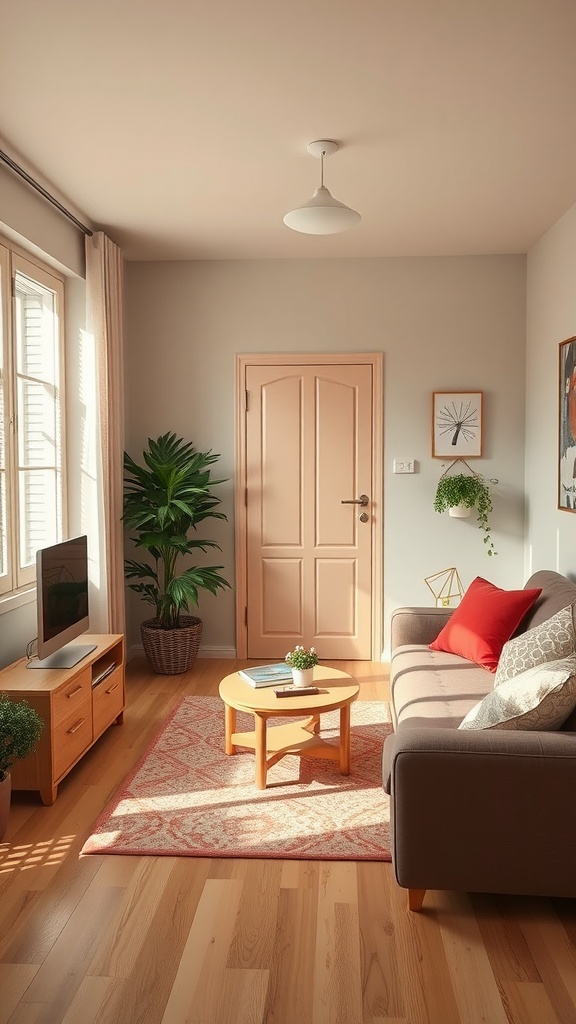 A cozy living room with neutral walls, a pink door, a gray sofa, and plants.