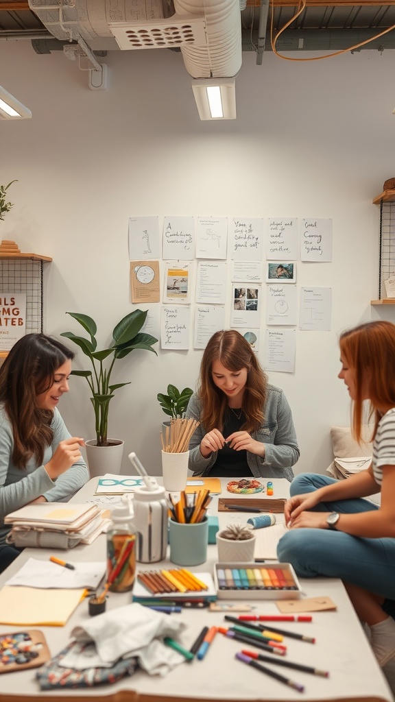 Three friends engaged in a crafting session at a table filled with art supplies and notes on the wall.