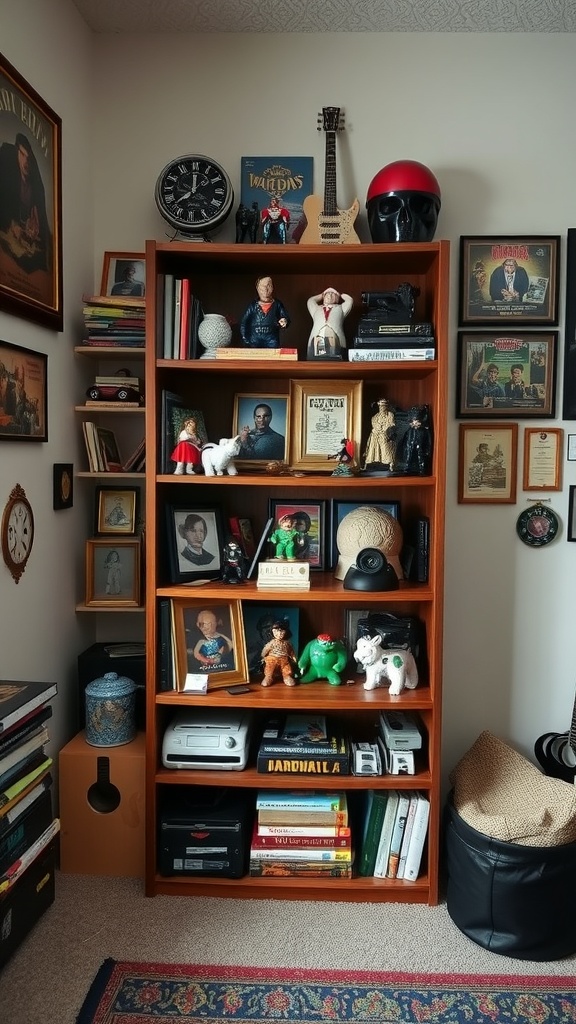 A wooden display shelf filled with various collectibles, including action figures, framed photos, and vintage items.