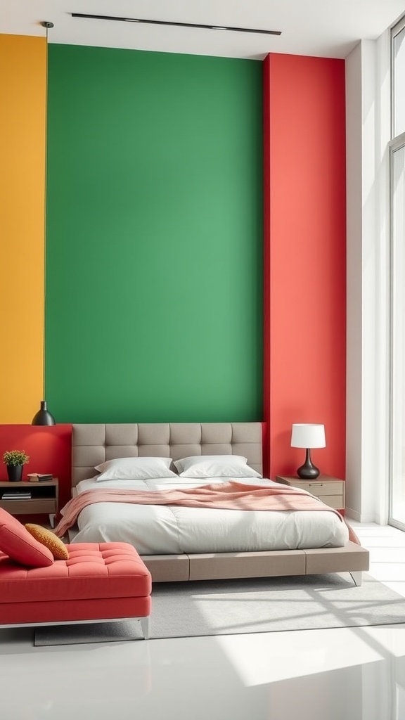 A modern bedroom featuring a color-blocked wall with green, red, and yellow sections.