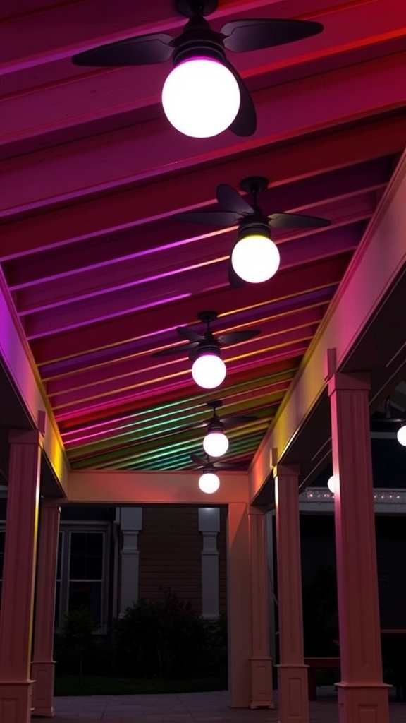 A covered patio with color-changing smart bulbs hanging from the ceiling, showcasing a vibrant lighting setup.