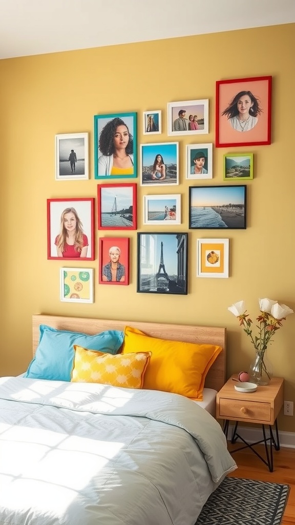A color-coded picture wall featuring various framed photos in a bedroom setting.