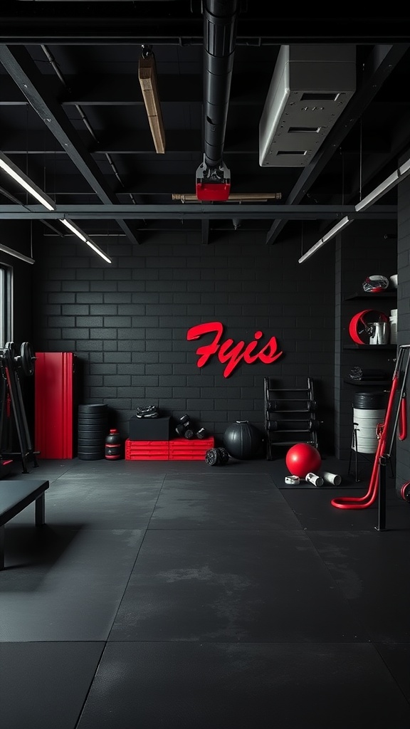 A black garage gym featuring red accents and modern equipment.