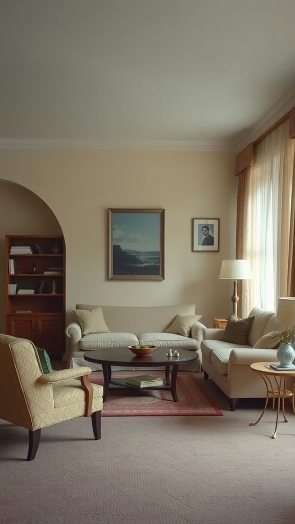 A vintage living room with muted colors and classic furniture.