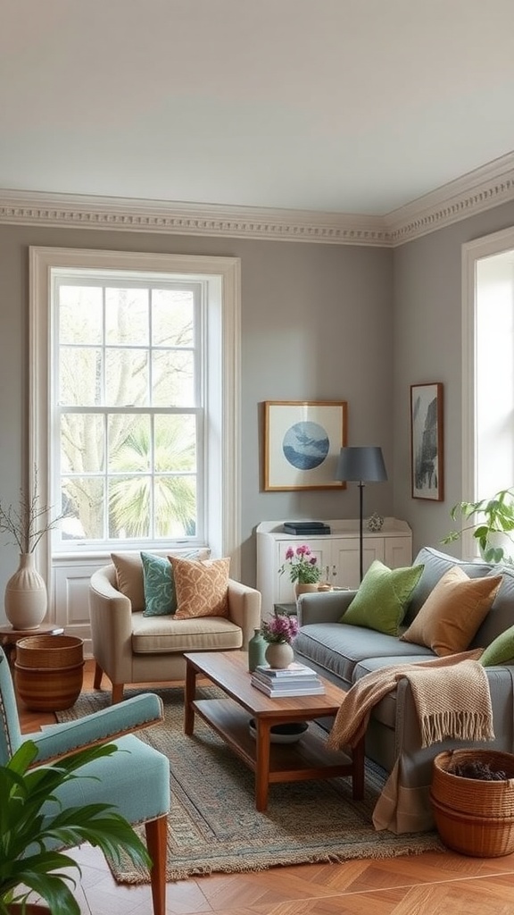 A beautifully arranged English living room with a soft gray wall, natural wood furniture, green and beige cushions, and indoor plants.