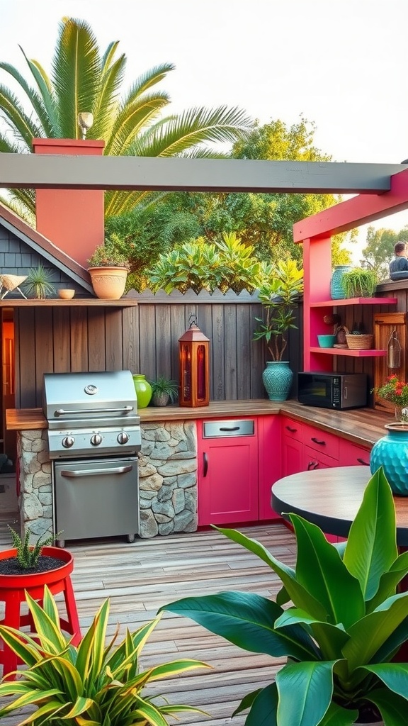 A vibrant outdoor kitchen featuring pink cabinets, stone countertops, and lush greenery.