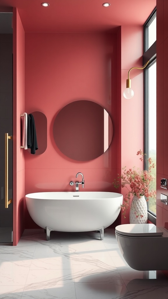 Modern bathroom with coral walls, freestanding white tub, and stylish decor
