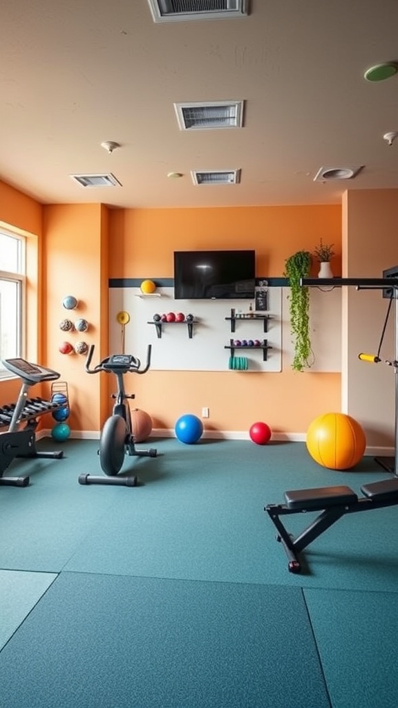 A bright home gym featuring orange walls, teal flooring, exercise equipment, and colorful fitness balls.