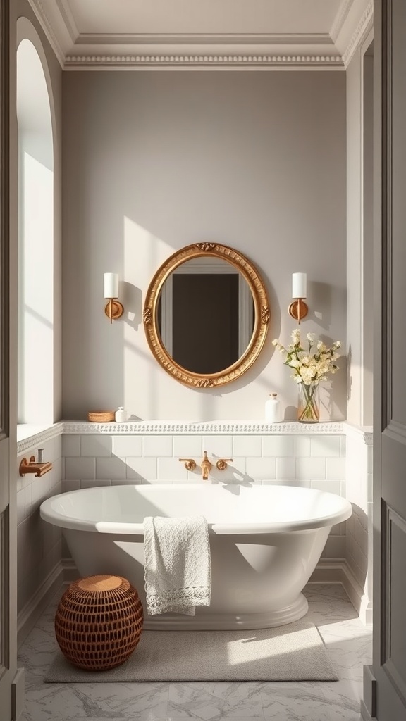 Modern luxury bathroom featuring gray walls, white tub, and gold fixtures.