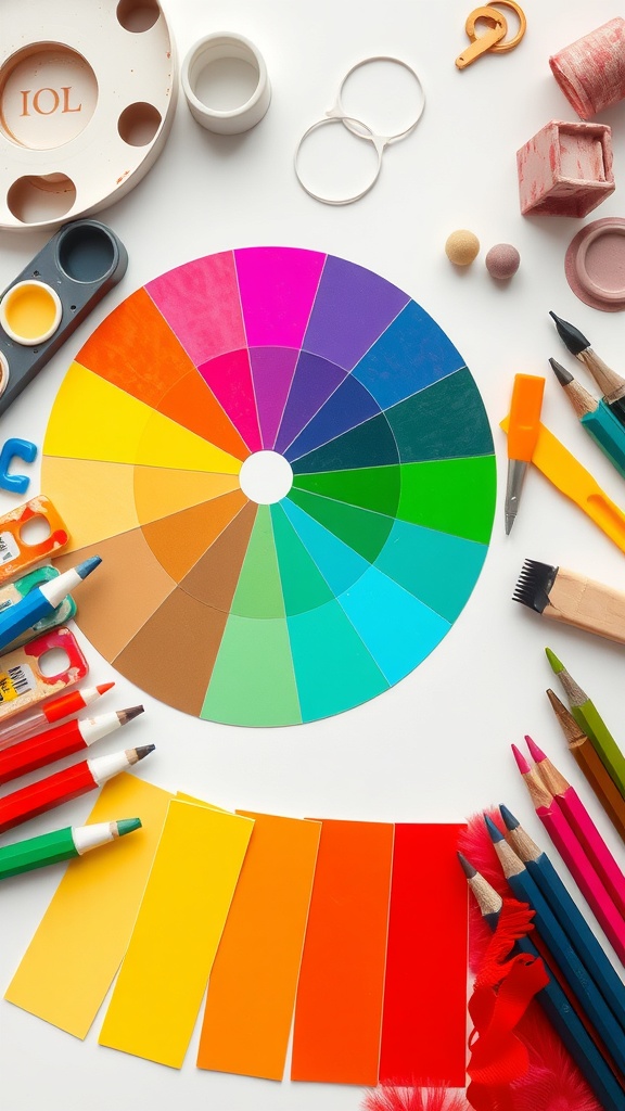 A colorful crafting setup featuring a color wheel, pencils, paints, and color swatches.