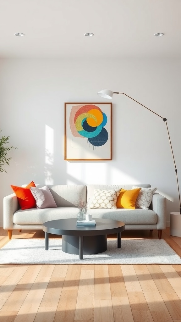 A clean living room with colorful accent pillows on a light sofa, a round coffee table, and vibrant artwork on the wall.