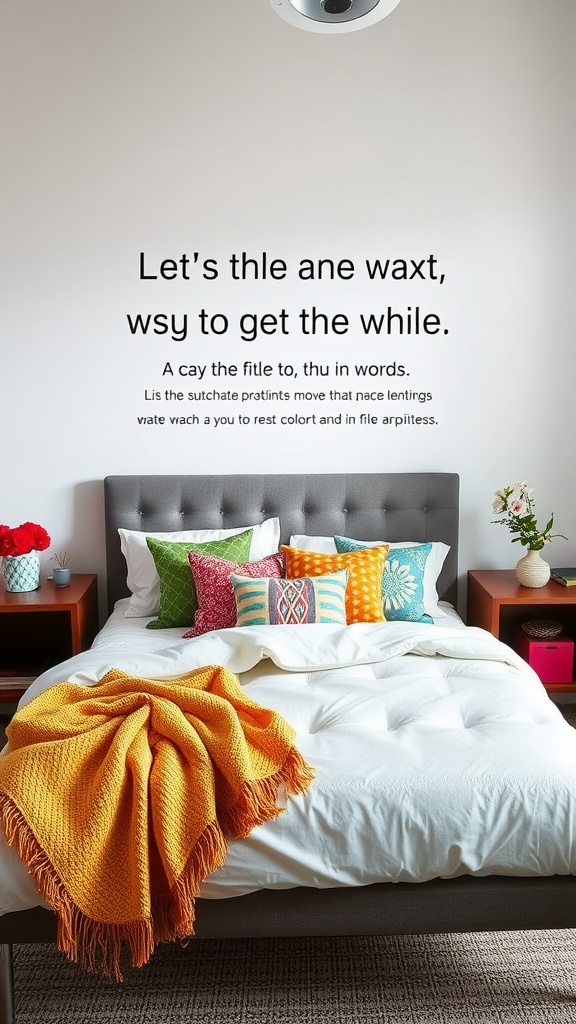 A cozy modern bedroom featuring colorful accent pillows and a bright orange throw blanket on a bed.