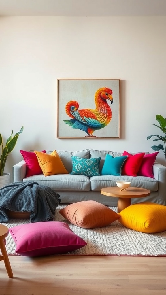 A colorful living room with a gray sofa adorned with vibrant pillows, playful bird artwork on the wall, and scattered floor cushions.