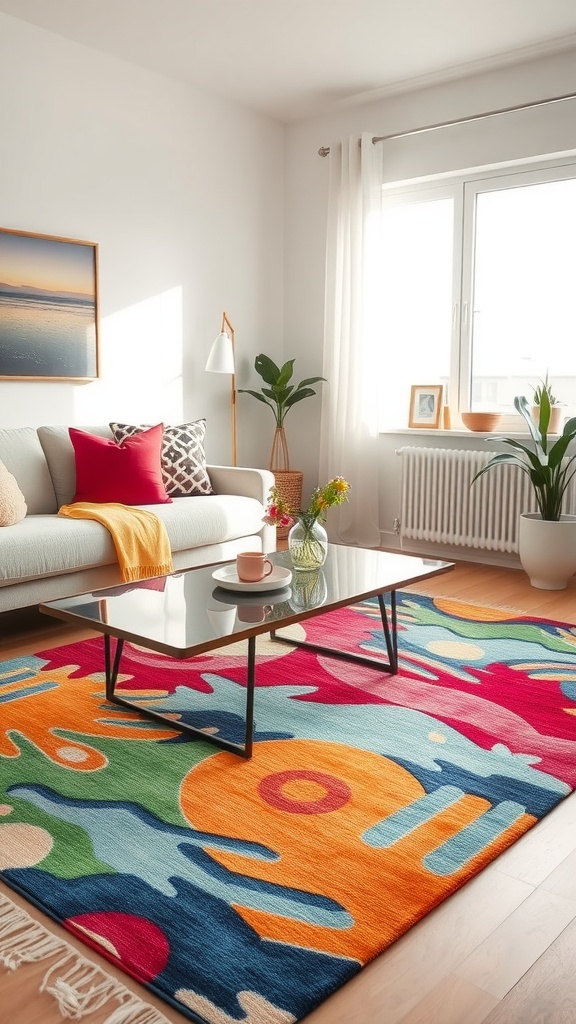 A colorful area rug in a cozy living room with neutral furniture and decorative elements.