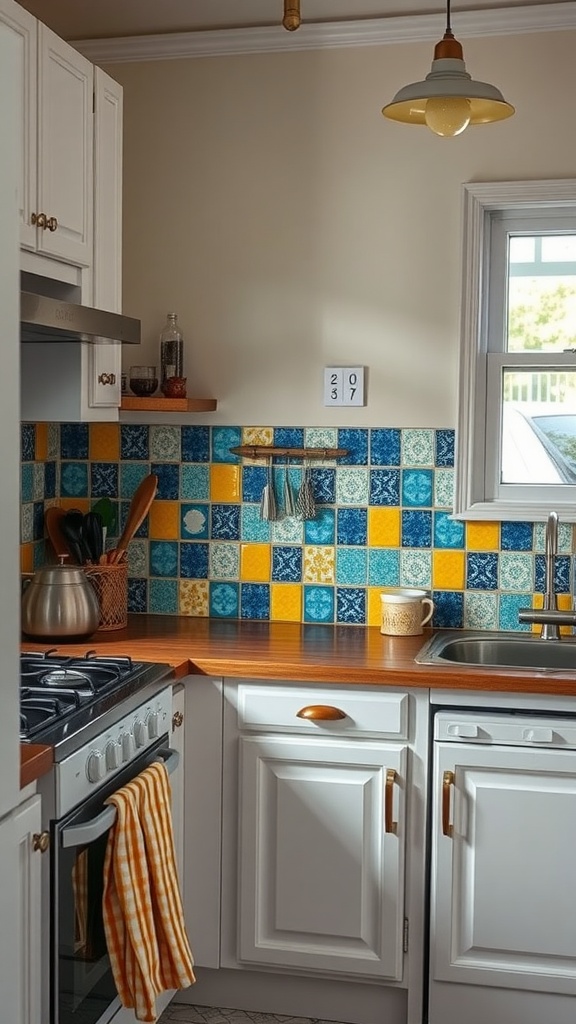 Colorful tiles on a kitchen backsplash with blue, yellow, and intricate patterns