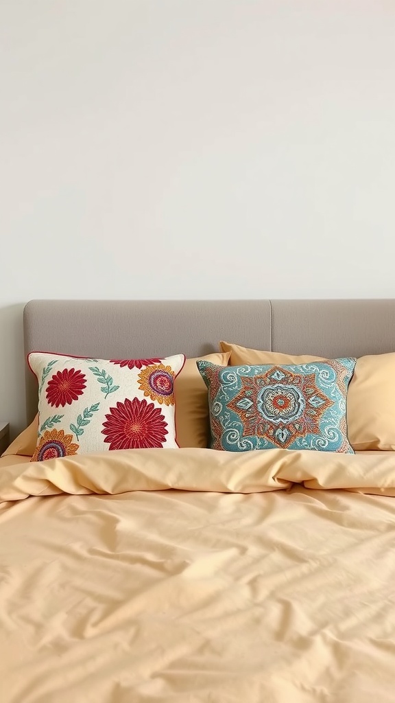 Colorful bedding with vibrant pillows in a beige bedroom