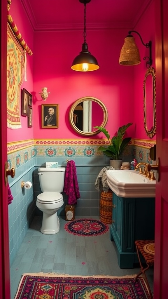 A vibrant bathroom featuring pink walls, blue tiles, eclectic decor, and a potted plant, creating a bohemian escape.