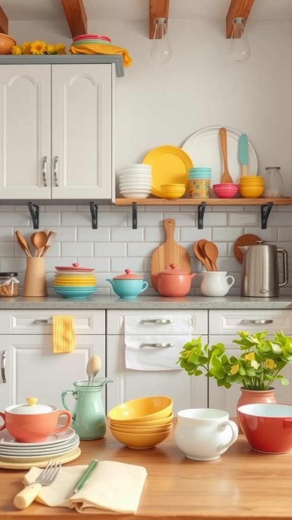 A cozy apartment kitchen with colorful dishware and accessories, featuring bright plates, bowls, and utensils on shelves and counters.