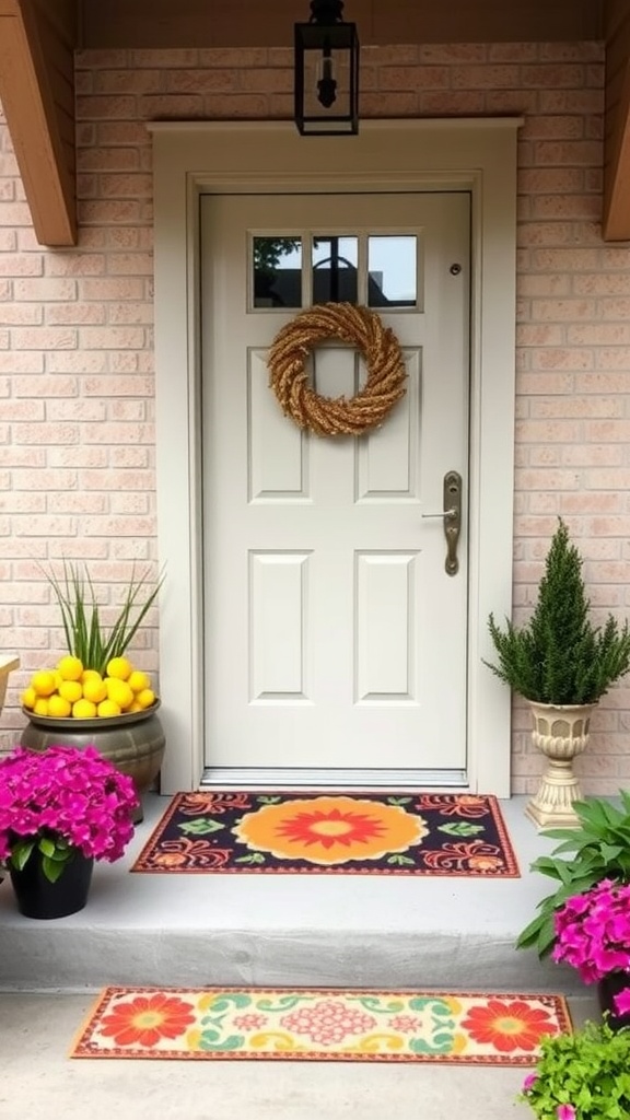 Front porch featuring a decorative door mat and a seasonal wreath