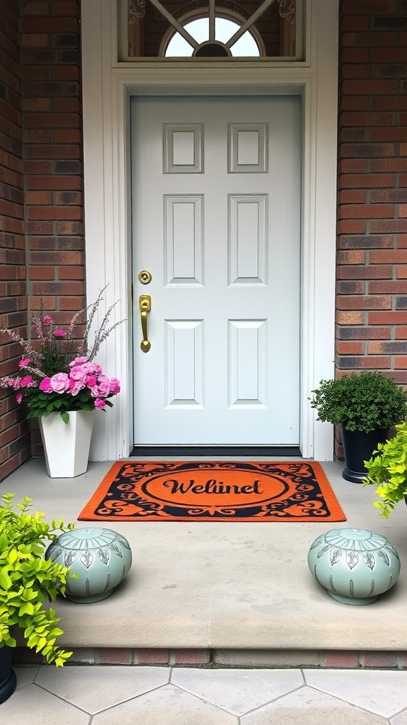A colorful orange and black door mat that says 'Welined' in front of a light blue door, surrounded by potted plants.