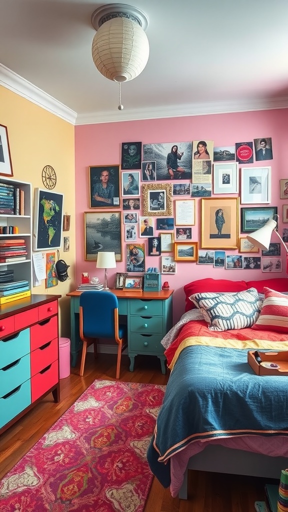 A colorful teen bedroom featuring a mix of pink and orange walls, a gallery wall of framed photos, eclectic furniture, and a patterned rug.