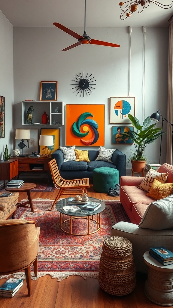 A vibrant living room with eclectic decor, including colorful art, various seating options, and plants.
