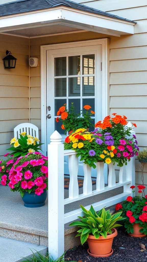 Colorful flower boxes on a porch with various flowers and plants