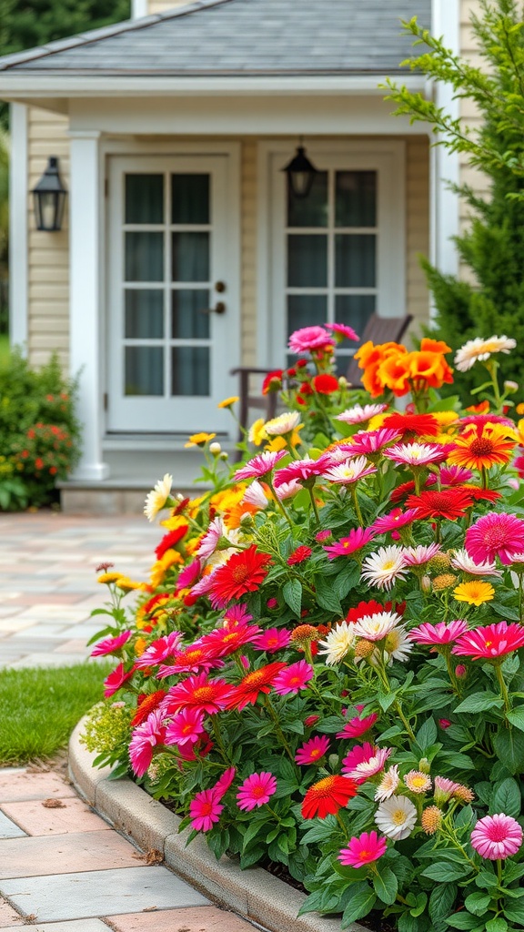 Colorful flower garden borders with various flowers in front of a patio