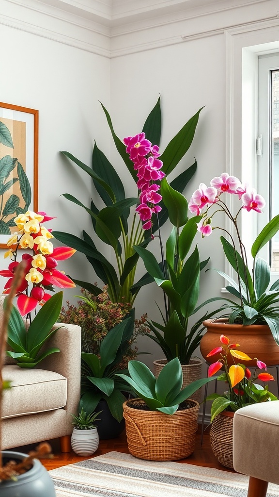 A living room filled with colorful orchids and lush green plants, showcasing a vibrant and inviting aesthetic.