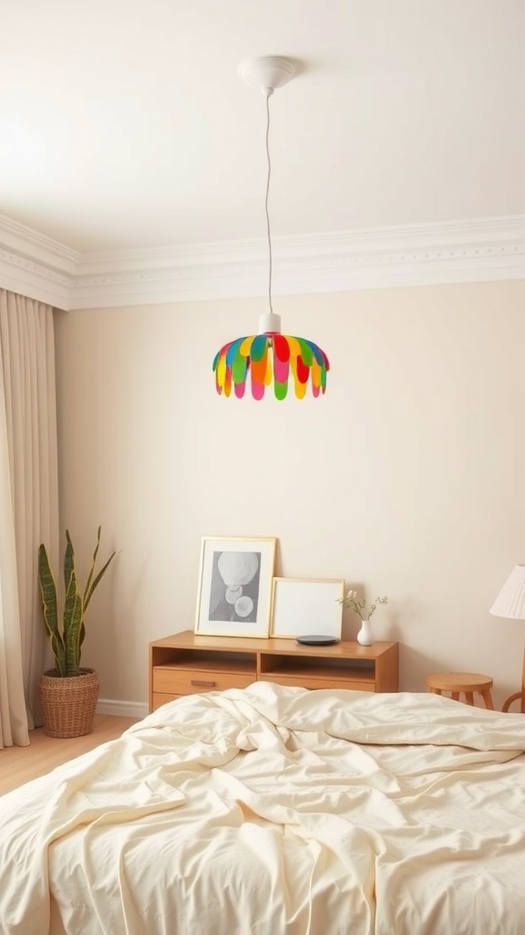 Colorful pendant light hanging in a beige bedroom
