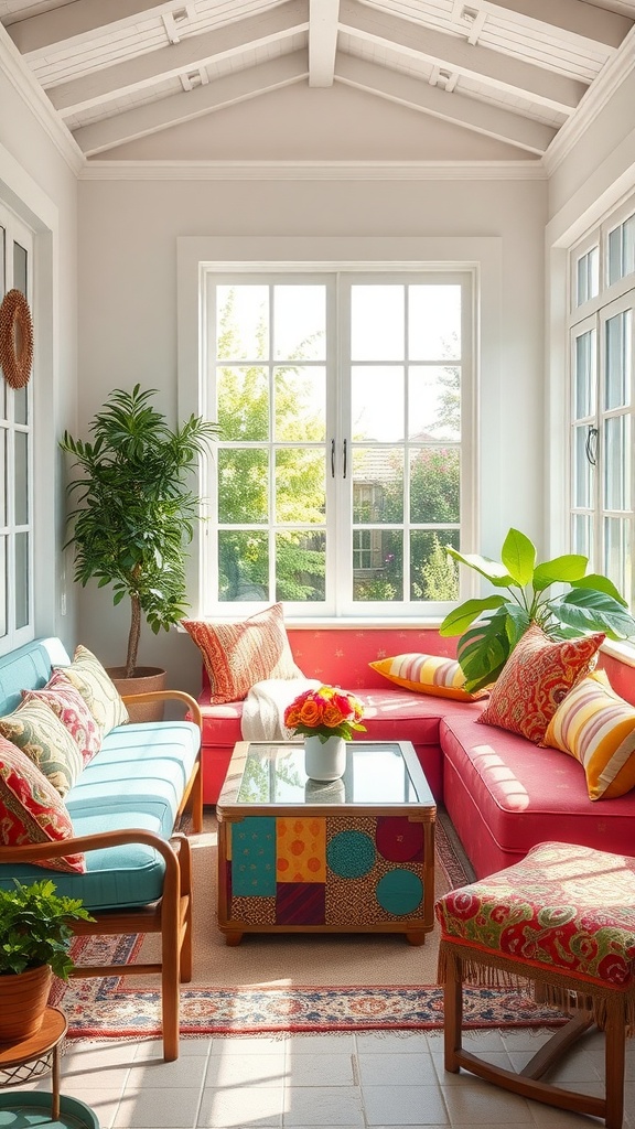 Bright and cozy sunroom with colorful cushions, plants, and a coffee table.
